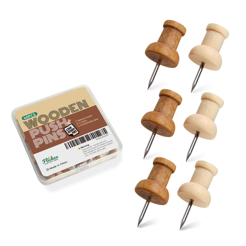 Flickzo 40 Pcs Wood Push Pins, Decorative Wooden Thumb Tacks for Cork Board, Natural & Light Brown Pins and Tacks, Bulletin Board Accessories, Map Tacks - Image 1
