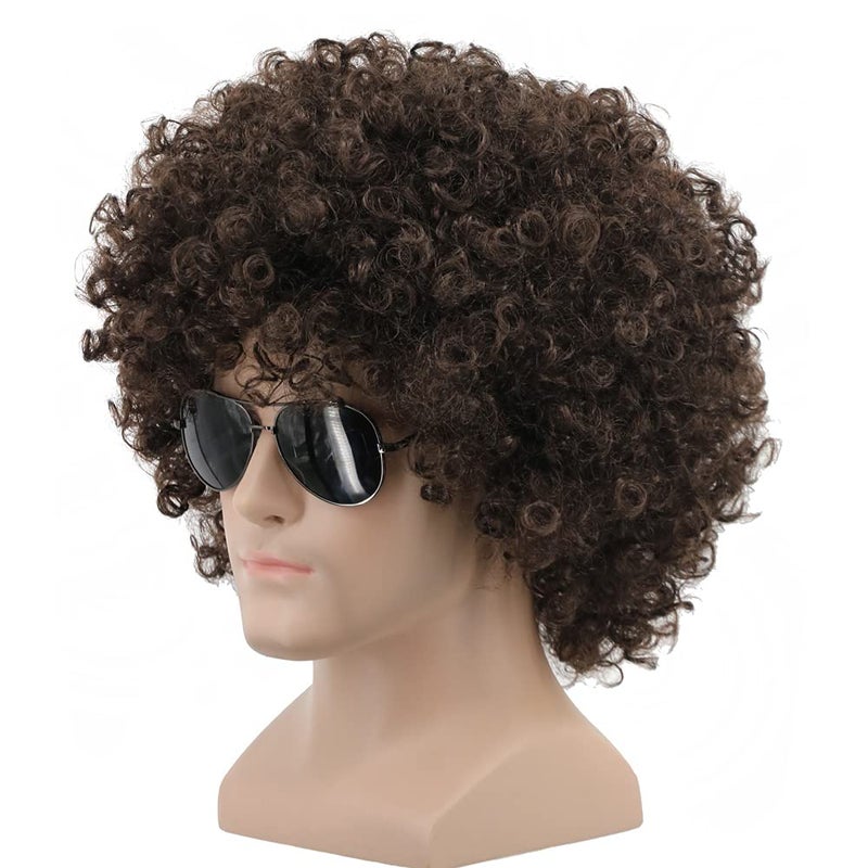 yuehong Short Fluffy 70s 80s Disco Afro Wigs Synthetic Anime Cosplay Fancy Funny Wigs for Unisex Men Women Dark Brown