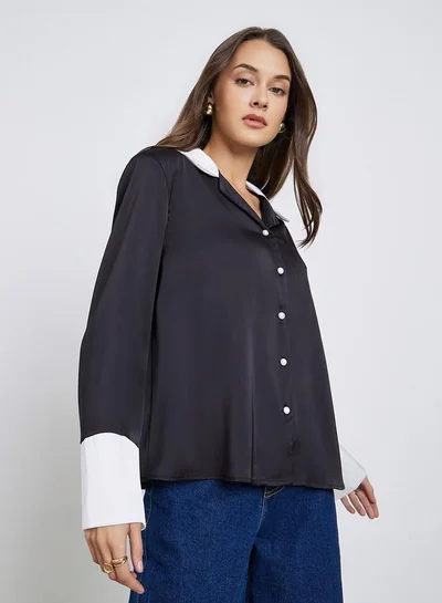 Styli Black Long Sleeve Shirt with Contrast Collar