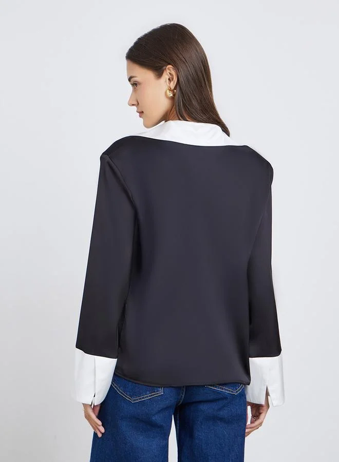 Styli Black Long Sleeve Shirt with Contrast Collar