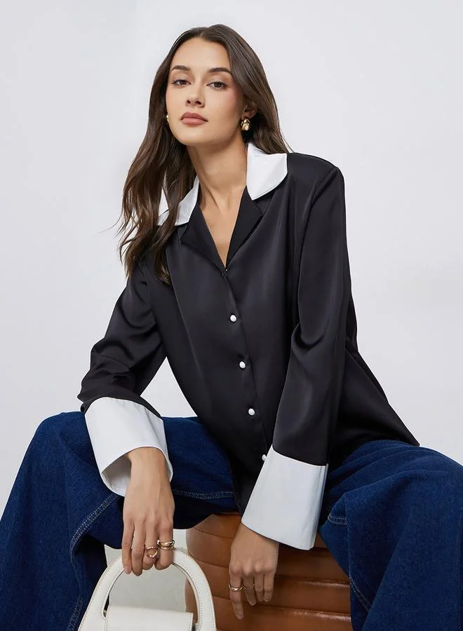 Styli Black Long Sleeve Shirt with Contrast Collar