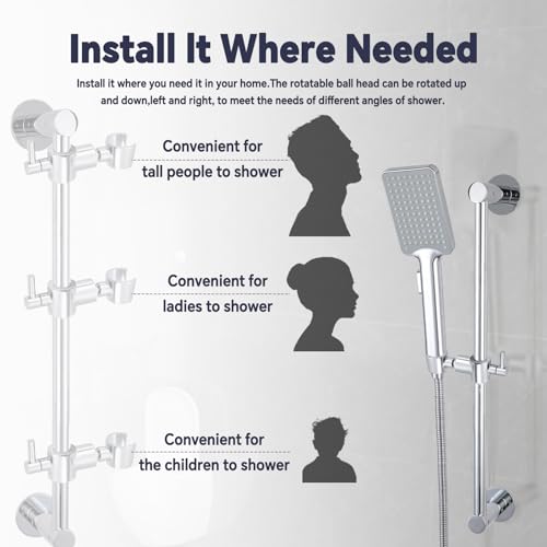 YDmeet Shower Slide Bar Adjustable Handheld Shower Head Holder Wall Mount - 15inch All-Metal Shower Head Slide Bar Compatible with Bathroom Drill Free Glue Installation - Polished Chrome - Image 2