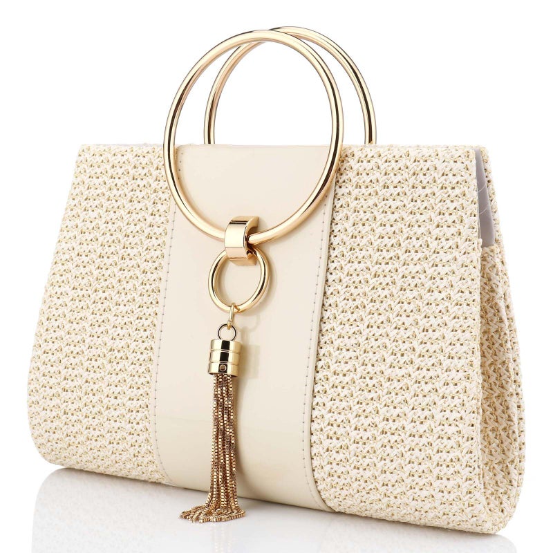 Magnitt Women Straw Bag Evening Clutch Purse Elegant Handbags Formal Party Clutches Purses for Wedding/Prom/Cocktail (White A) - Image 3