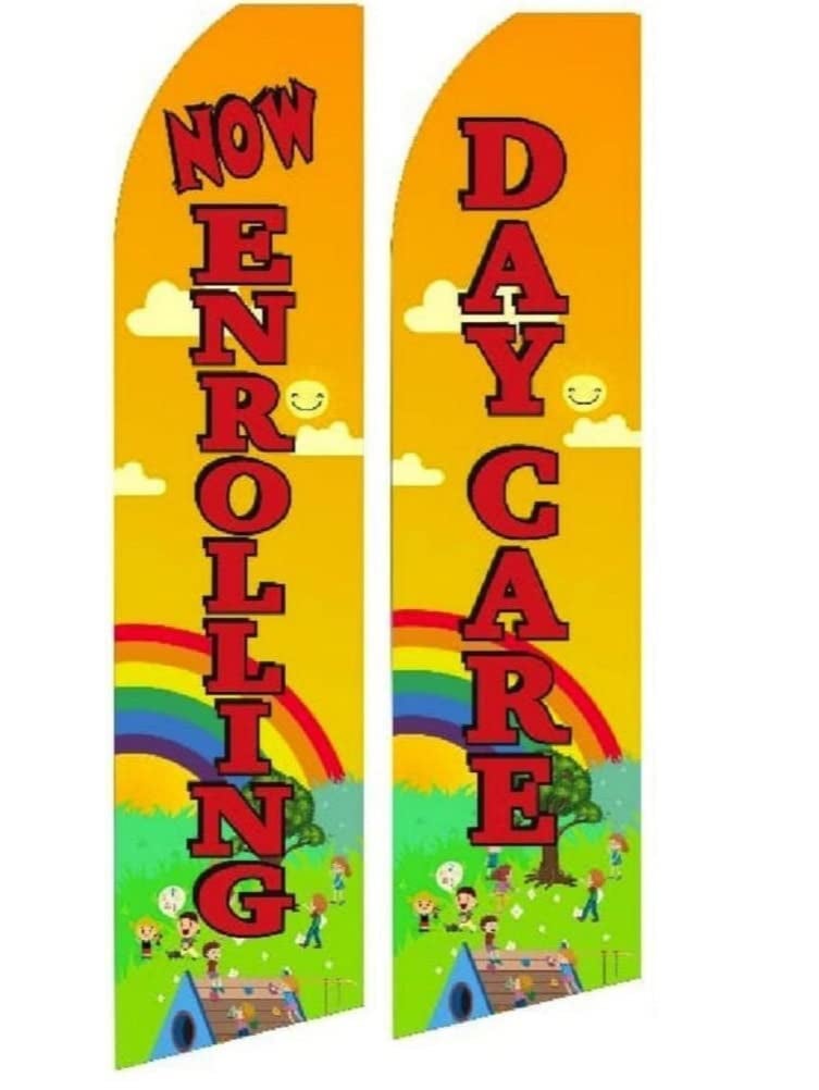 OnPoint Wares Daycare + Now Enrolling Combo Flags – Pack of 2 | 3 ft x 11.5 ft Outdoor Advertising Flags with Red Lettering | Weatherproof Polyester Business Banners (Poles Not Included) - Image 1