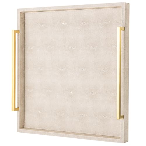 XIGEXIGE Large Ottoman Tray for Coffee TableSquare Shagreen Leather Decorative Tray with Gold Handles for Living Room Decor