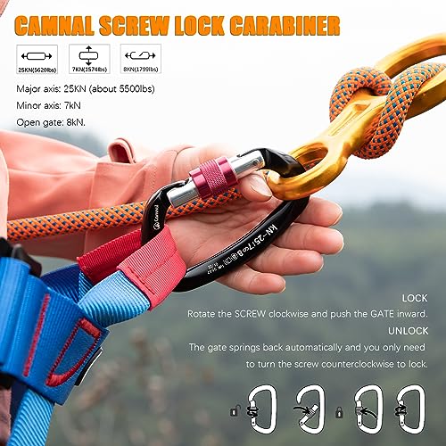 CAMNAL Heavy Duty Carabiner UIAA Certified Locking Carabiner 25KN (About 5620 lbs) Screw Lock Carabiner D Shape Carabiner Clip for Rock Climbing, Mountaineer, Aerial Work - Image 3