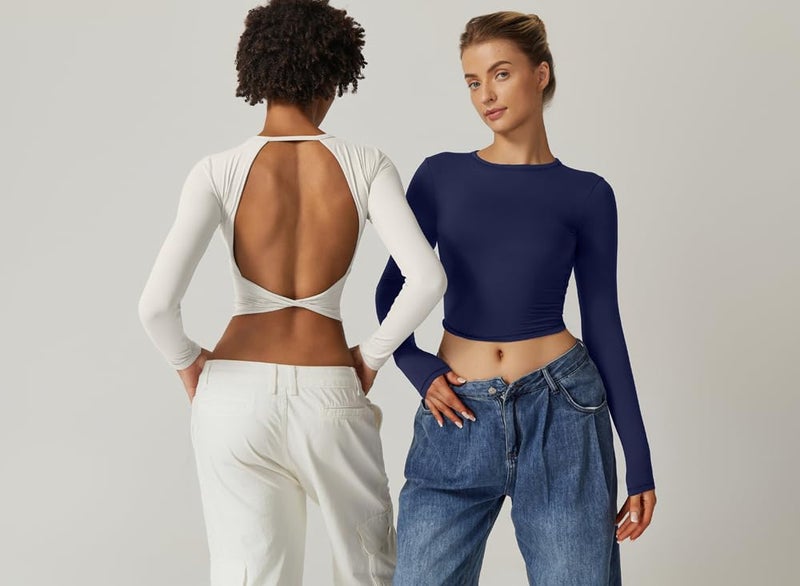 QINSEN Crewneck Basic Bodycon Shirts for Women Long Sleeve Open Back Going Out Tops Fall Winter Tees Navy XS - Image 5