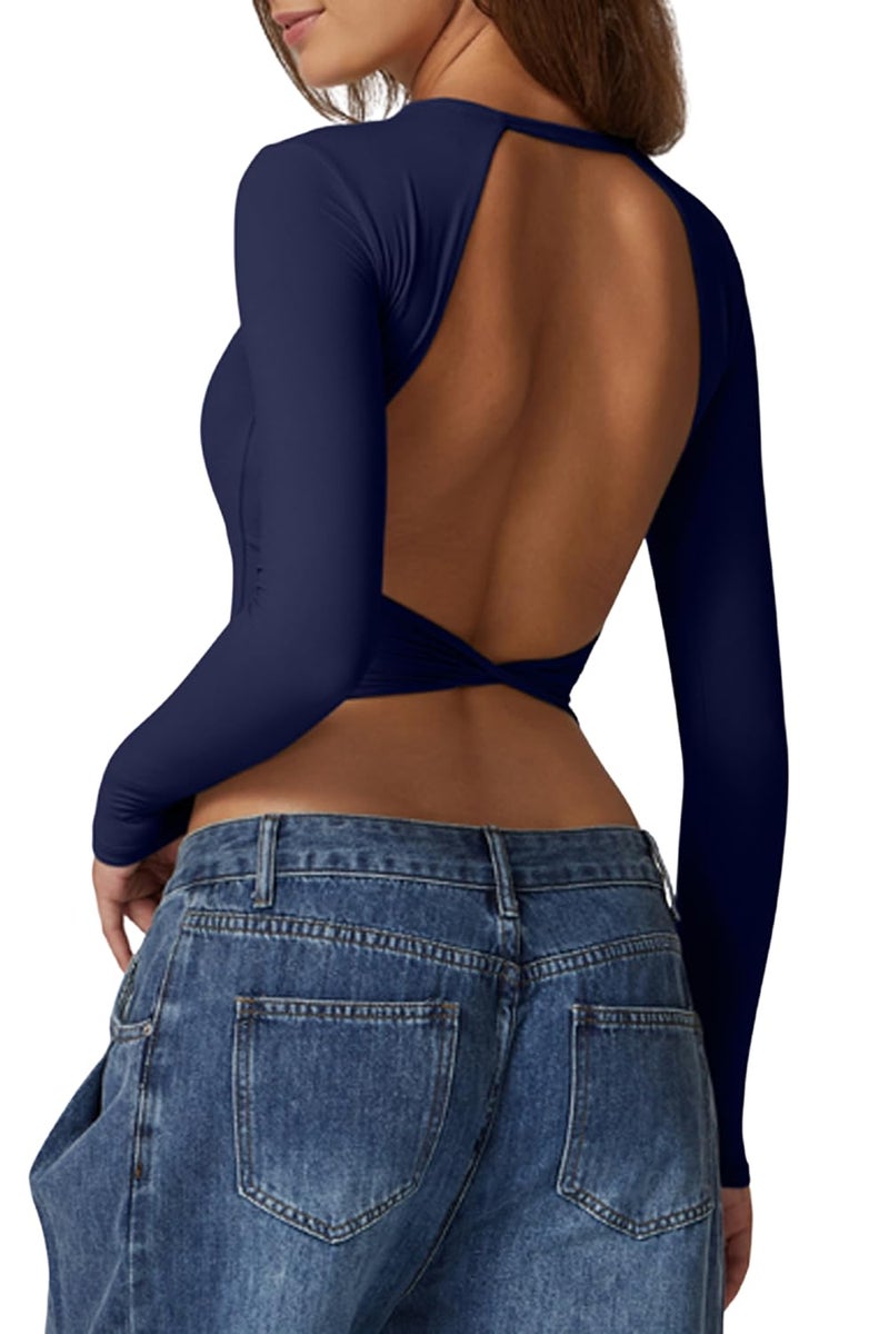 QINSEN Crewneck Basic Bodycon Shirts for Women Long Sleeve Open Back Going Out Tops Fall Winter Tees Navy XS - Image 1