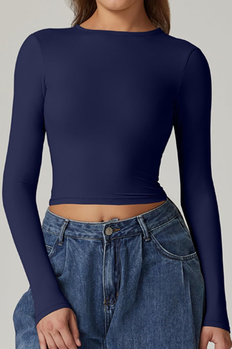 QINSEN Crewneck Basic Bodycon Shirts for Women Long Sleeve Open Back Going Out Tops Fall Winter Tees Navy XS - Image 2