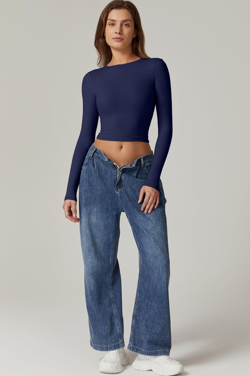 QINSEN Crewneck Basic Bodycon Shirts for Women Long Sleeve Open Back Going Out Tops Fall Winter Tees Navy XS - Image 3