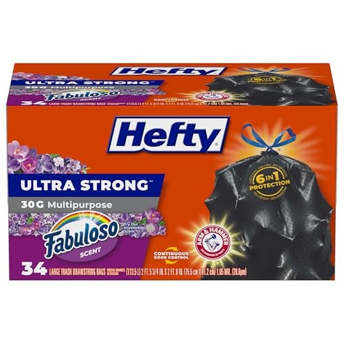 Hefty Ultra Strong 30 Gallon Trash Bags, Large Trash Bags 30 Gallon Size, Multipurpose, Break Resistant Drawstring Closure, Resists Leaks, Punctures, and Tears, Black, Fabuloso Scent, 34 Bags - Image 1
