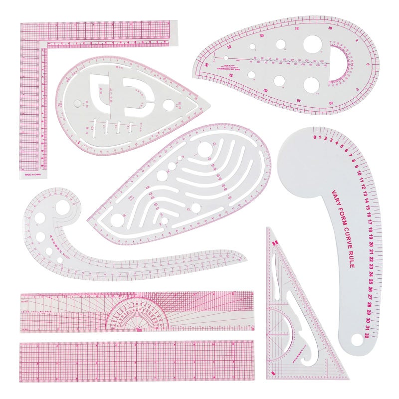 HLZC Fashion Clear Metric Sewing Ruler Set French Curve Pattern Ruler Kit for Beginners Tailors Designers A9Piece Set