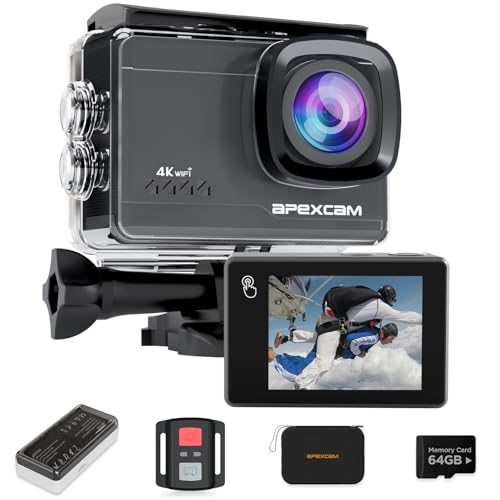 Apexcam M90 Action Camera with 64GB Card Action Cam 4K60FPS 64MP WiFi EIS Image Stabilization with Touchscreen Underwater Camera 40m Waterproof 8X Zoom 2.4G Remote Control 2x1350mAh - Image 1