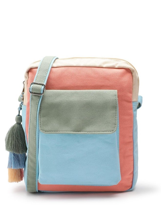 Anekaant Hue Blue & Pastel Multi Cotton Canvas Colourblocked Sling Bag for Women | Perfect for College, Work & Travel - Image 1