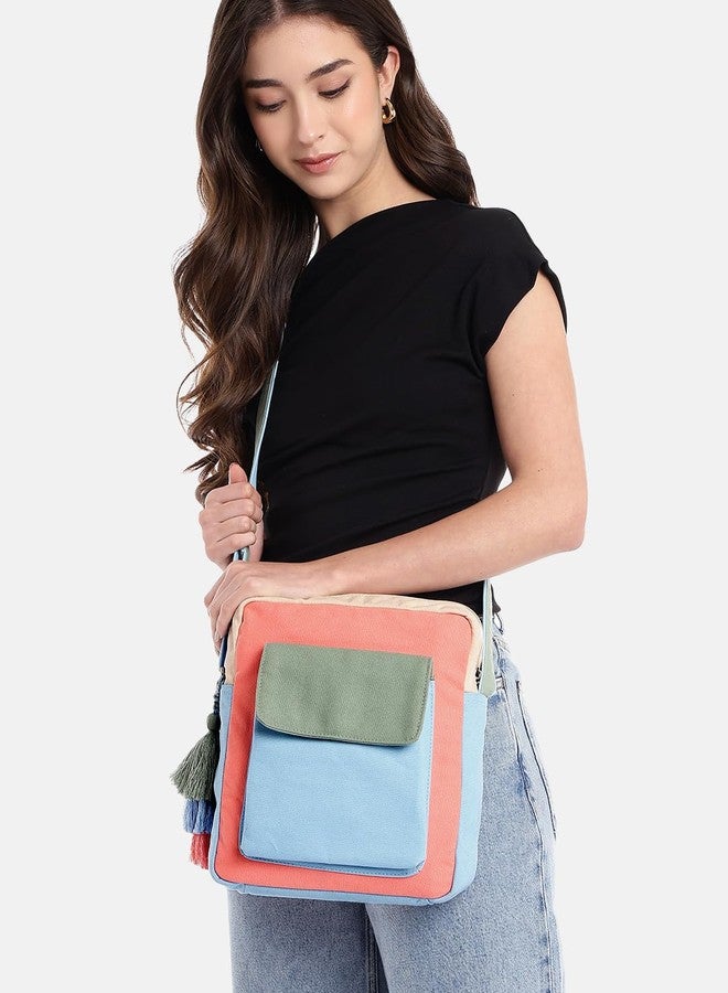 Anekaant Hue Blue & Pastel Multi Cotton Canvas Colourblocked Sling Bag for Women | Perfect for College, Work & Travel - Image 2