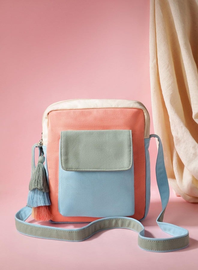Anekaant Hue Blue & Pastel Multi Cotton Canvas Colourblocked Sling Bag for Women | Perfect for College, Work & Travel - Image 3