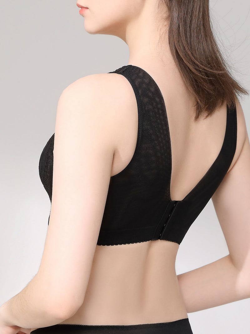 See-Through Lace Bra: Black 42D Sheer Wire-Free Full Cups - Wide Side Wings Mesh V-Back Adjustable Back Closure Romantic Lingerie for Daily Wear & Special Occasions - Image 5