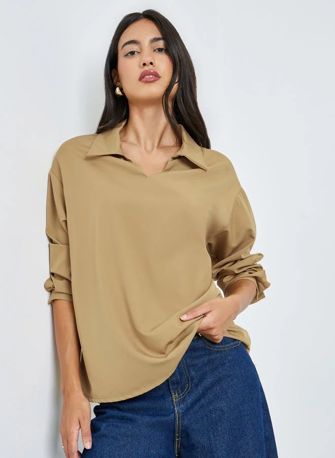 Styli Solid Color V-Neck Oversize Blouse
