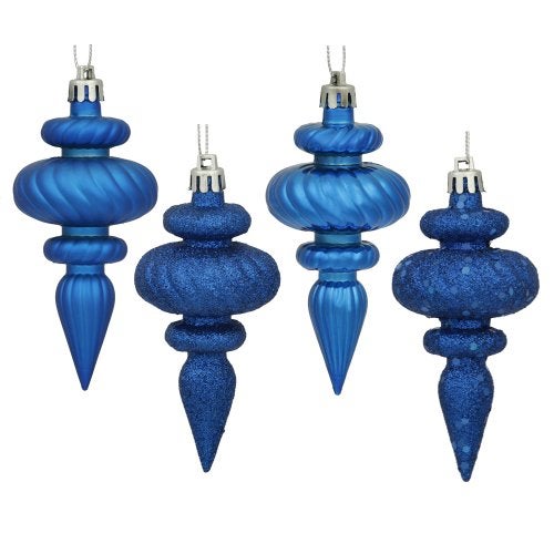 Vickerman 4" 4-Finish Finial Ornament, Shatterproof Plastic Christmas Tree Decoration, 8 Pack, Blue Shiny, Matte, Glitter and Sequin Finishes - Image 3