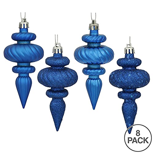Vickerman 4" 4-Finish Finial Ornament, Shatterproof Plastic Christmas Tree Decoration, 8 Pack, Blue Shiny, Matte, Glitter and Sequin Finishes - Image 2