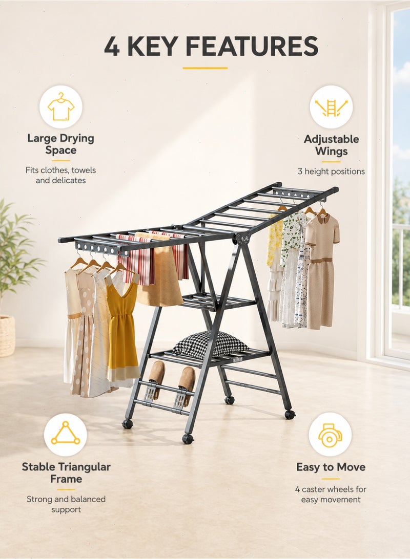 Foldable Clothes Drying Rack, 3-Tier Laundry Drying Rack with Height-Adjustable Wings, Shoe Holder and 4 Wheels for Balcony, Bedroom and Laundry Room - Image 4