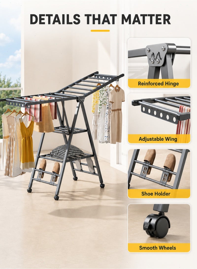 Foldable Clothes Drying Rack, 3-Tier Laundry Drying Rack with Height-Adjustable Wings, Shoe Holder and 4 Wheels for Balcony, Bedroom and Laundry Room - Image 3
