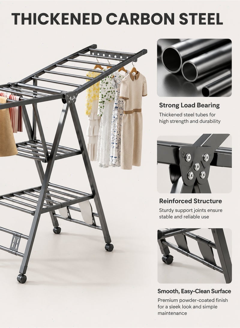 Foldable Clothes Drying Rack, 3-Tier Laundry Drying Rack with Height-Adjustable Wings, Shoe Holder and 4 Wheels for Balcony, Bedroom and Laundry Room - Image 5