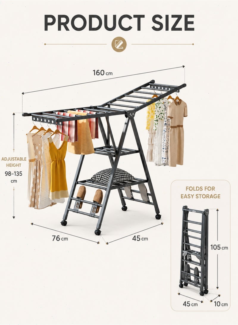 Foldable Clothes Drying Rack, 3-Tier Laundry Drying Rack with Height-Adjustable Wings, Shoe Holder and 4 Wheels for Balcony, Bedroom and Laundry Room - Image 2