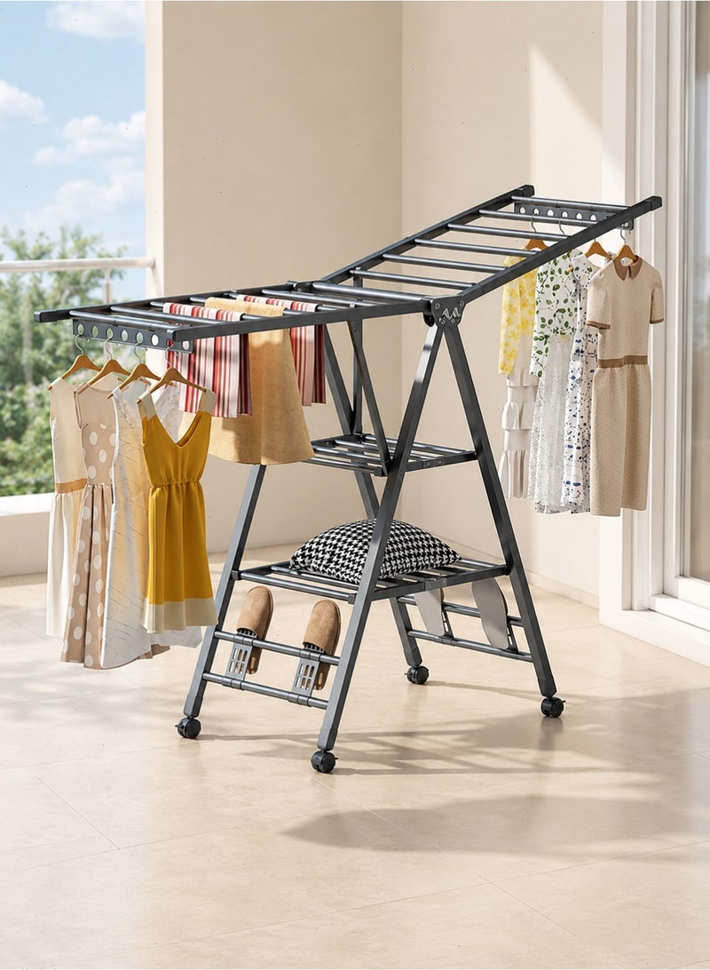 Foldable Clothes Drying Rack, 3-Tier Laundry Drying Rack with Height-Adjustable Wings, Shoe Holder and 4 Wheels for Balcony, Bedroom and Laundry Room - Image 1