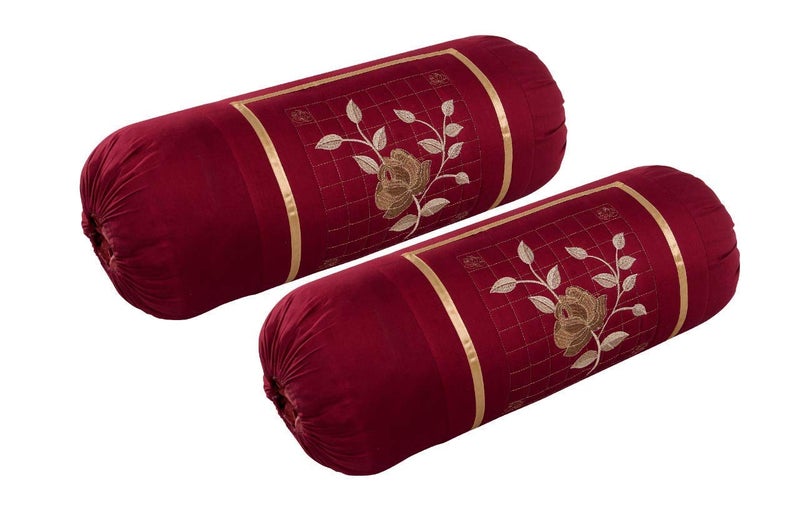 HSR Collection Embroidered 144 TC 100% Cotton 4 Piece Bolster Covers, 16"x 32", Maroon - Image 2