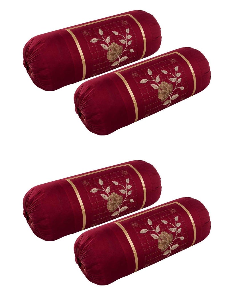 HSR Collection Embroidered 144 TC 100% Cotton 4 Piece Bolster Covers, 16"x 32", Maroon - Image 4