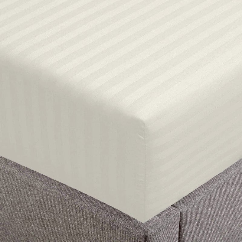 FEATHER & STITCH NEW Feather & Stitch 100% Cotton 1 Piece Damask Stripe Queen Fitted Sheet 500 Thread Count Beige 18 Inch Extra Deep Pocket Luxury Sateen Weave Stretchable Boxer Elastic Fits Mattress Perfectly 