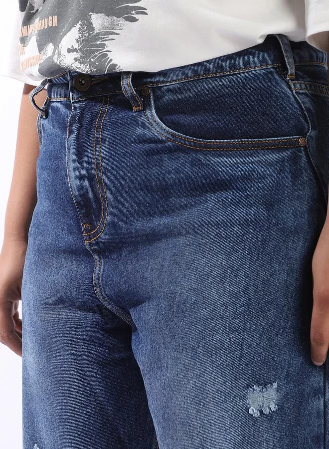HIGH STAR Women Relaxed Mom Fit Distressed High-Rise Light Fade Jeans