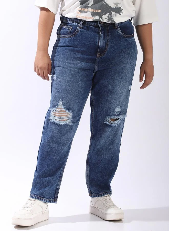 HIGH STAR Women Relaxed Mom Fit Distressed High-Rise Light Fade Jeans
