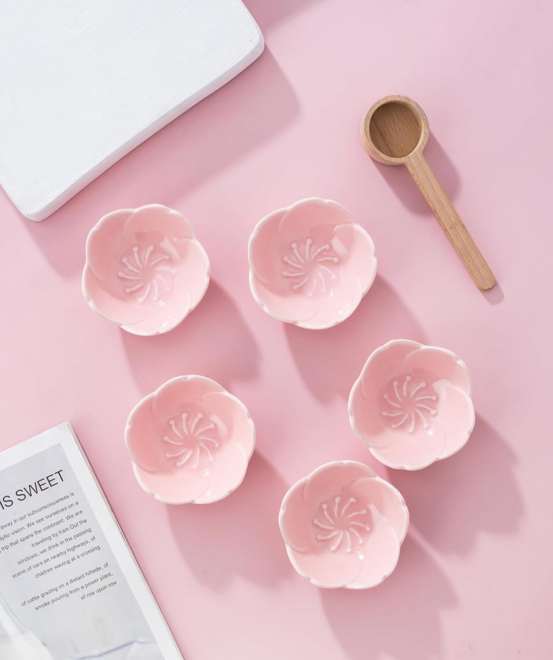 Jusalpha 5 PC Pink Cherry Blossom Ceramic Sauce Dish Seasoning Dish Sushi Soy Dipping Bow Dessert Bowl Appetizer Plates Serving Dish for Kitchen Home Pink Set of 5 - Image 2