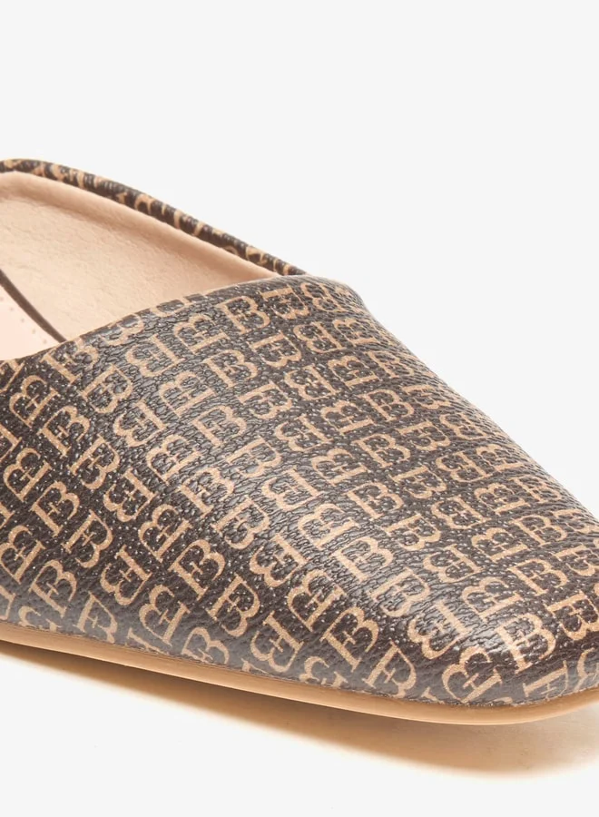 Flora Bella By Shoexpress Women's All-Over Monogram Print Slip-On Mules with Block Heels