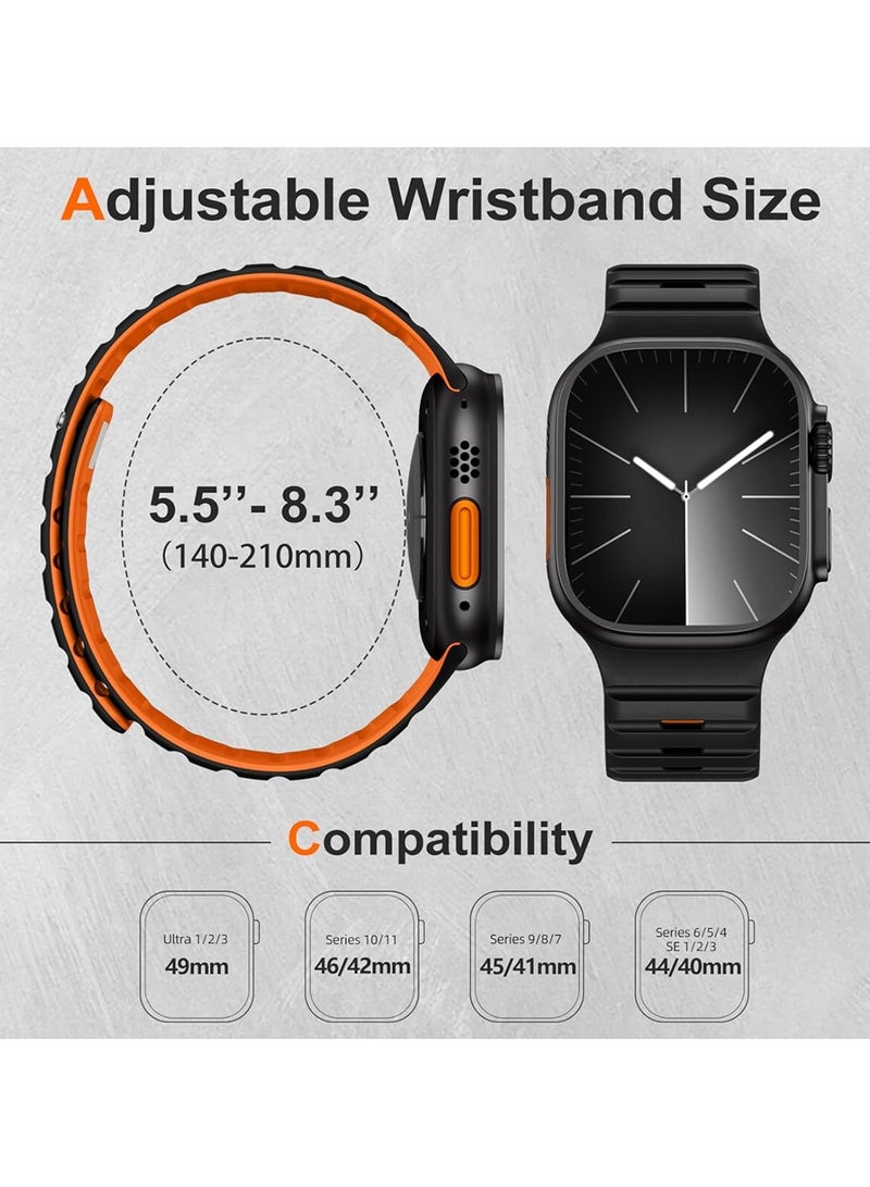 O Ozone Magnetic Sport Band For Apple Watch Series 10 | Ultra 2 | 8 Ultra | 9 | 8 | 7 | 6, 49/46/45/44/42mm, Soft Silicone Wristband Strap - Black/Orange - Image 2