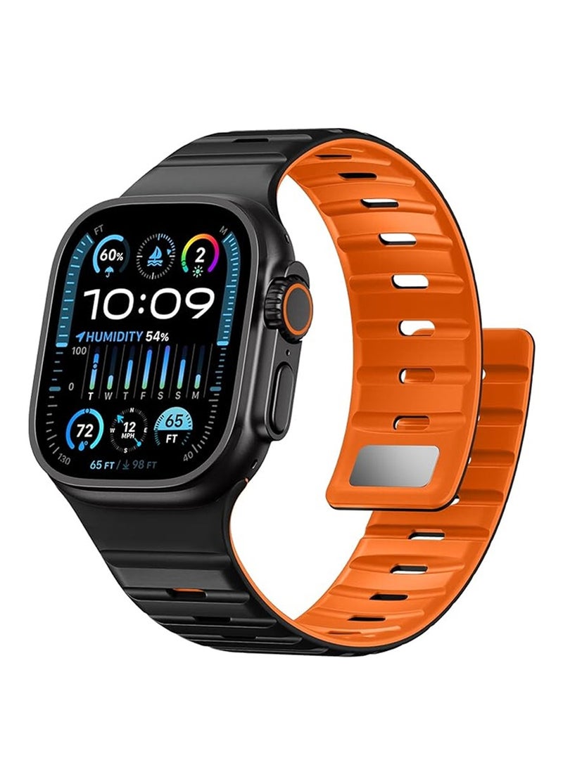 O Ozone Magnetic Sport Band For Apple Watch Series 10 | Ultra 2 | 8 Ultra | 9 | 8 | 7 | 6, 49/46/45/44/42mm, Soft Silicone Wristband Strap - Black/Orange - Image 1