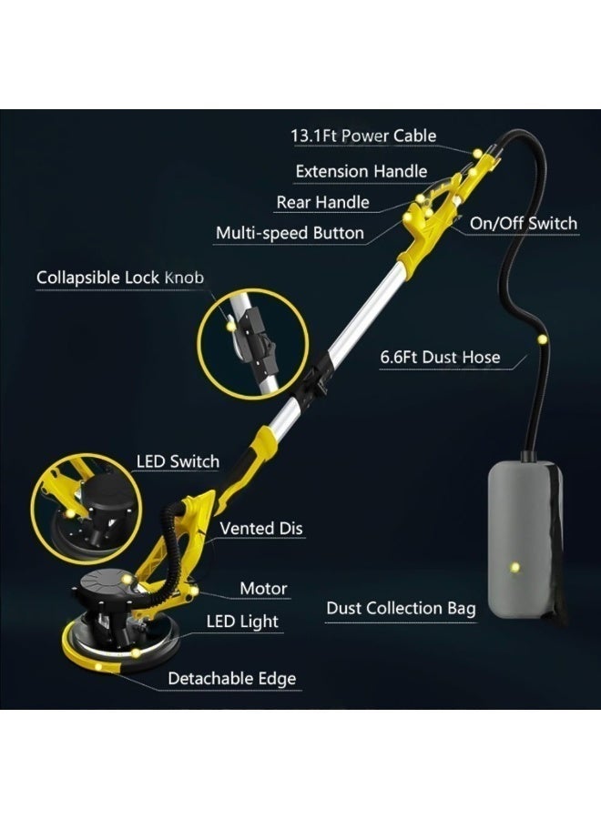 excitat Electric Drywall Sander, 1250W Power Drywall Sander with Vacuum Dust Collector, Popcorn ceiling sander, 5 Speed 800-1800RPM with Sanding Discs and Foldable Extendable Pole, Double-Deck LED Lights, 12pcs Sanding Discs, Yellow - Image 5