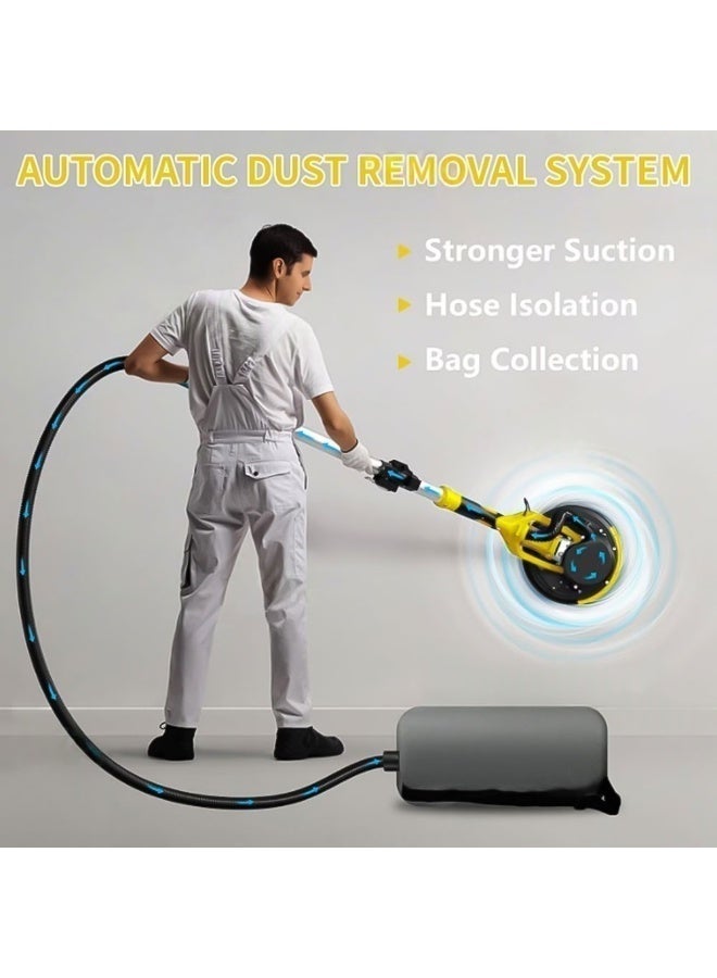 excitat Electric Drywall Sander, 1250W Power Drywall Sander with Vacuum Dust Collector, Popcorn ceiling sander, 5 Speed 800-1800RPM with Sanding Discs and Foldable Extendable Pole, Double-Deck LED Lights, 12pcs Sanding Discs, Yellow - Image 3