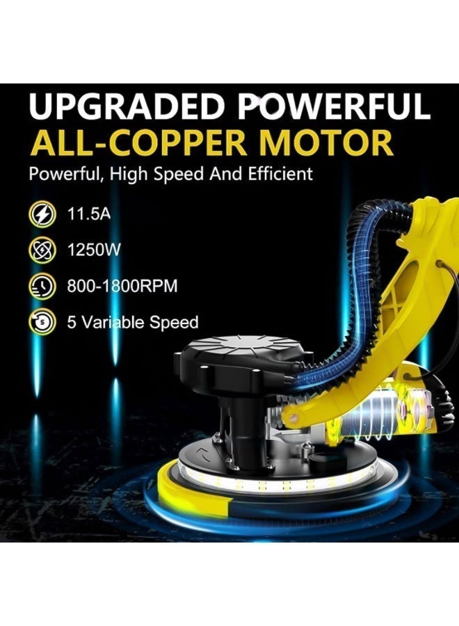 excitat Electric Drywall Sander, 1250W Power Drywall Sander with Vacuum Dust Collector, Popcorn ceiling sander, 5 Speed 800-1800RPM with Sanding Discs and Foldable Extendable Pole, Double-Deck LED Lights, 12pcs Sanding Discs, Yellow - Image 2