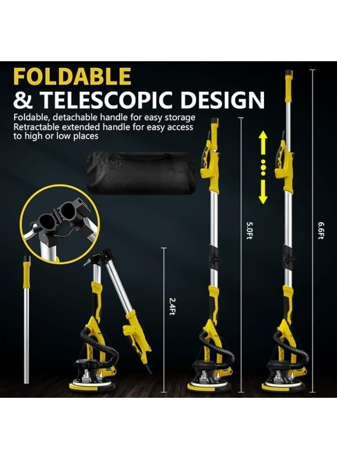 excitat Electric Drywall Sander, 1250W Power Drywall Sander with Vacuum Dust Collector, Popcorn ceiling sander, 5 Speed 800-1800RPM with Sanding Discs and Foldable Extendable Pole, Double-Deck LED Lights, 12pcs Sanding Discs, Yellow - Image 4