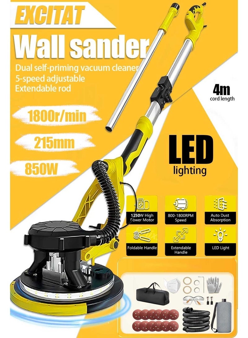 excitat Electric Drywall Sander, 1250W Power Drywall Sander with Vacuum Dust Collector, Popcorn ceiling sander, 5 Speed 800-1800RPM with Sanding Discs and Foldable Extendable Pole, Double-Deck LED Lights, 12pcs Sanding Discs, Yellow - Image 1