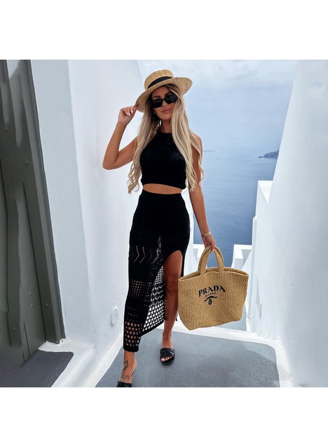 Loquat 2023 Spring And Summer And Women's Long Split Dress Slimming Slim Straight One-step Beach Skirt Set-Color:Black- - Image 2