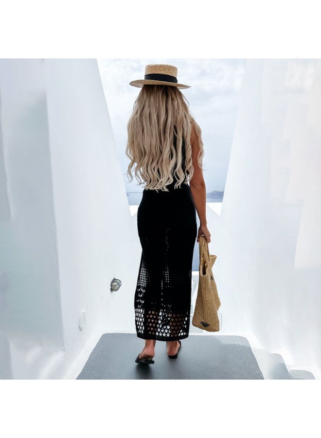 Loquat 2023 Spring And Summer And Women's Long Split Dress Slimming Slim Straight One-step Beach Skirt Set-Color:Black- - Image 4