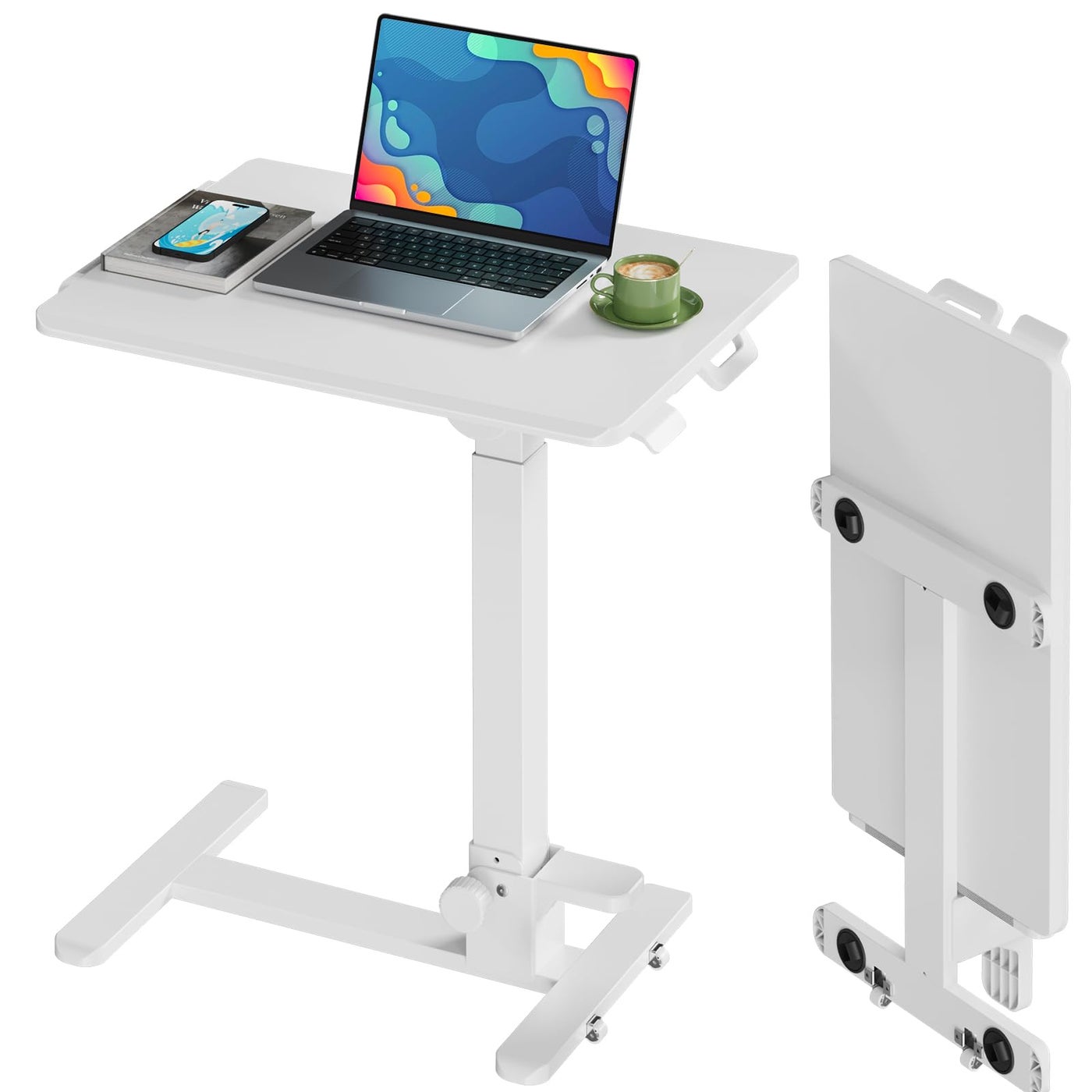 JYLH JOYSEEKER Foldable Mobile Standing Desk 27 Inch Small Rolling Laptop Cart Height Adjustment 90 Tiltable Bedside Table No Assembly Needed Portable Computer Workstation White