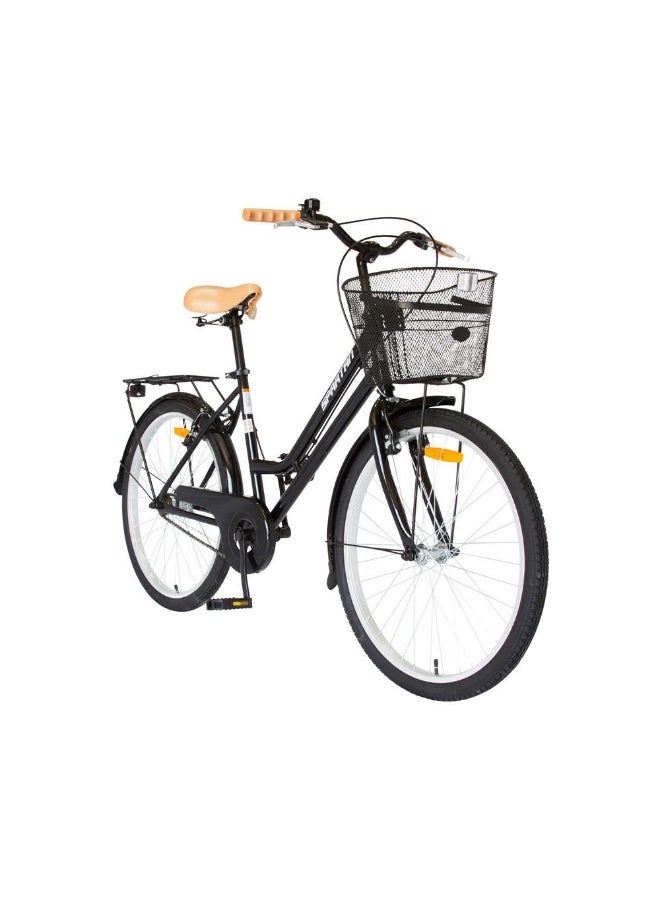 Spartan 24" Classic City Bike – Step-Through Steel Frame, Single Speed Urban Bicycle with Rear Carrier and Front Basket, Comfortable Upright Geometry, Dual Rim Brakes, Perfect for Daily Commuting, Black | SP-3291 - Image 1
