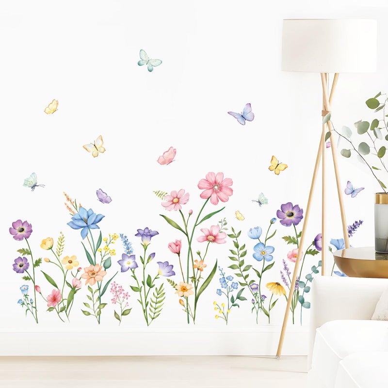 Supzone Flower Wall Decals Watercolor Wildflower Grass Butterflies Wall Stickers Peel and Stick Wall Art Decor for Girls Bedroom Living Room Home Office Wall Decor - Image 2