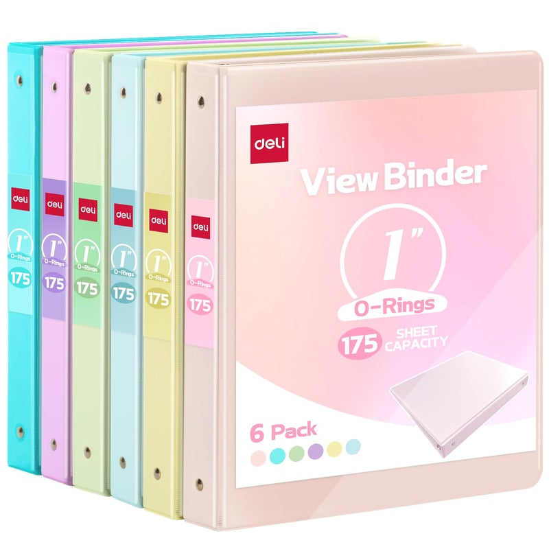 Deli 1-inch 3 Ring Binder with 2 Interior Pockets, 175 Sheets Capacity, 1 inch Binders fits 11" x 8.5" US Letter Size, Assorted 6 Pastel Colors, 6 Pack - Image 1