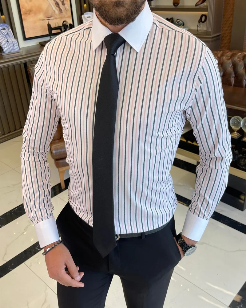 ترزي اددم Tailor Adem Italian Style Slim Fit Striped Men's Tie Collar Shirt White T9234